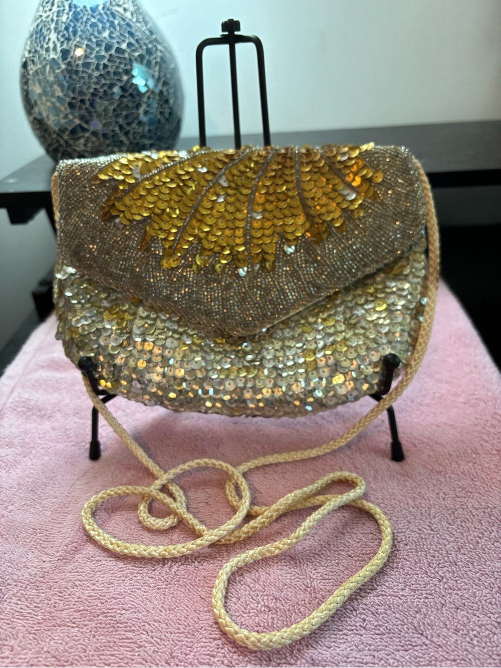 Vintage Art Deco Beaded Sequin Evening Bag Gold Silver Convertible Clutch - Picture 3 of 10